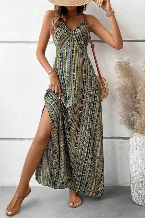 Robe Champêtre Longue De Plage Col En V Bretelles Fines Coupe A-Line Fendue