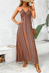 Robe Champêtre Longue De Plage Col En V Bretelles Fines Coupe A-Line Fendue