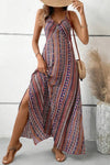Robe Champêtre Longue De Plage Col En V Bretelles Fines Coupe A-Line Fendue