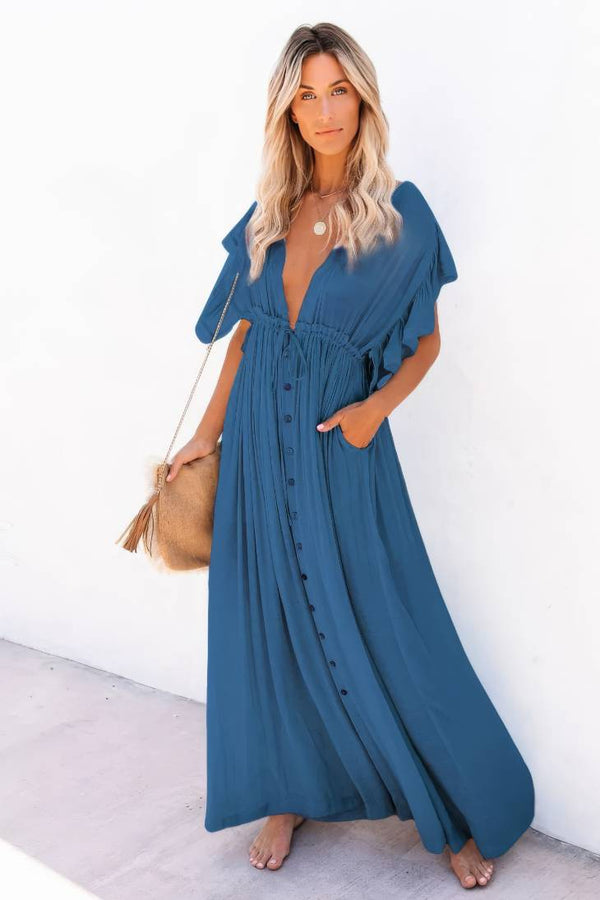 Robe Champêtre Longue De Plage Col En V Manches Longues Coupe A-Line