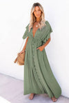 Robe Champêtre Longue De Plage Col En V Manches Longues Coupe A-Line