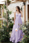 Robe Champêtre Longue Dentelle Brodée Col V Bretelles Dos Nu Élégante Demoiselle Honneur Soirée Bal