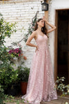 Robe Champêtre Longue Dentelle Brodée Col V Bretelles Dos Nu Élégante Demoiselle Honneur Soirée Bal