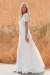 Robe Champêtre Longue Dentelle Manches Courtes Col V Élégante Ample