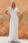 Robe Champêtre Longue Dentelle Manches Courtes Col V Élégante Ample