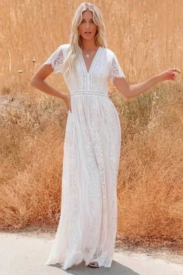 Robe Champêtre Longue Dentelle Manches Courtes Col V Élégante Ample