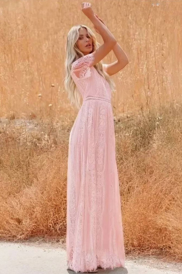 Robe Champêtre Longue Dentelle Manches Courtes Col V Élégante Ample