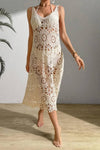 Robe Champêtre Longue En Crochet Ajouré À Fleurs 3D Sans Manches À Lacets Plage