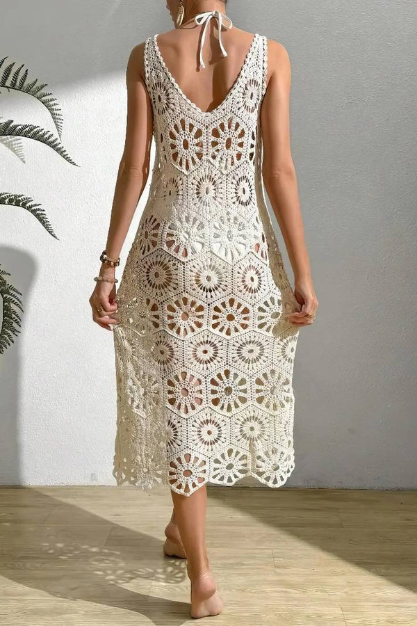 Robe Champêtre Longue En Crochet Ajouré À Fleurs 3D Sans Manches À Lacets Plage