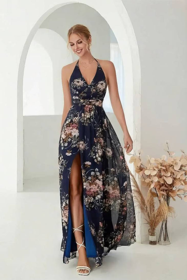Robe Champêtre Longue En Mousseline De Soie Élégante Imprimé Floral Col Halter Dos Nu Fente Latérale