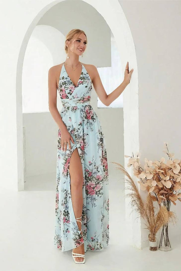 Robe Champêtre Longue En Mousseline De Soie Élégante Imprimé Floral Col Halter Dos Nu Fente Latérale