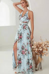 Robe Champêtre Longue En Mousseline De Soie Élégante Imprimé Floral Col Halter Dos Nu Fente Latérale
