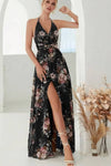 Robe Champêtre Longue En Mousseline De Soie Élégante Imprimé Floral Col Halter Dos Nu Fente Latérale