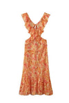 Robe Champêtre Longue Été Orange À Volants Col V Dos Nu Imprimé Bohème