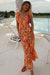 Robe Champêtre Longue Été Orange À Volants Col V Dos Nu Imprimé Bohème