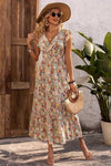 Robe Champêtre Longue Évasée Fleurie Manches Courtes Col V Taille Cintrée Été
