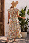 Robe Champêtre Longue Évasée Fleurie Manches Courtes Col V Taille Cintrée Été