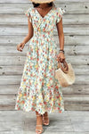 Robe Champêtre Longue Évasée Fleurie Manches Courtes Col V Taille Cintrée Été