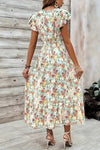 Robe Champêtre Longue Évasée Fleurie Manches Courtes Col V Taille Cintrée Été