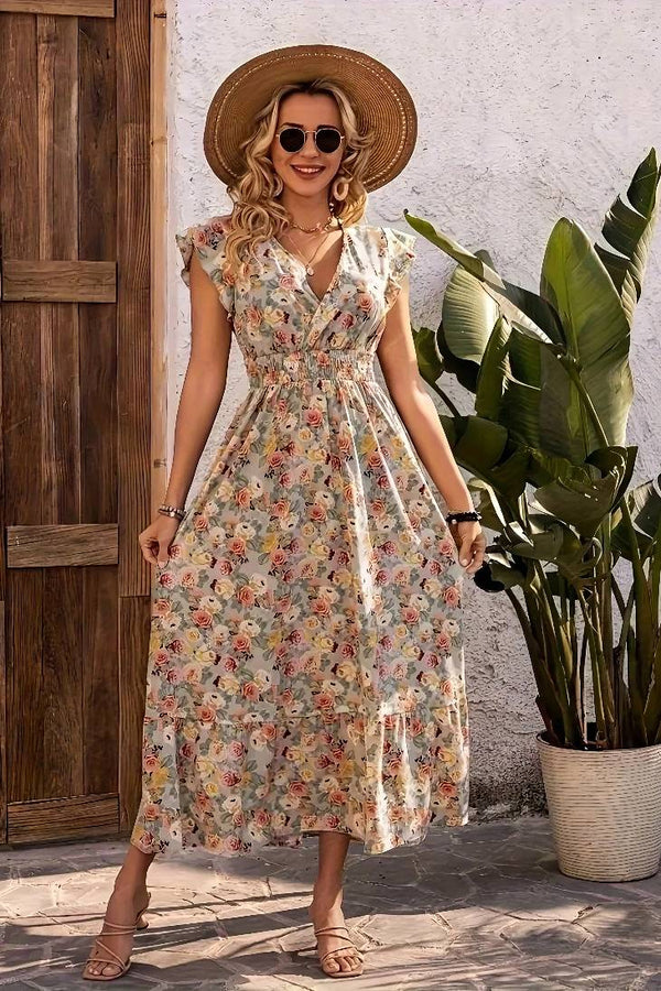 Robe Champêtre Longue Évasée Fleurie Manches Courtes Col V Taille Cintrée Été