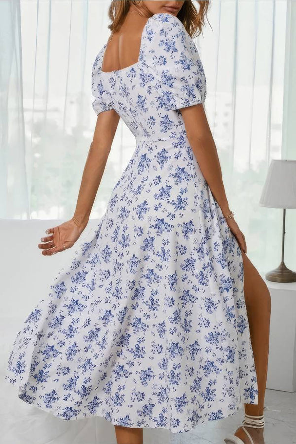 Robe Champêtre Longue Imprimé Floral Manches Bouffantes Col Carré Buste Fendu