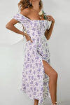 Robe Champêtre Longue Imprimé Floral Manches Bouffantes Col Carré Buste Fendu
