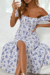 Robe Champêtre Longue Imprimé Floral Manches Bouffantes Col Carré Buste Fendu