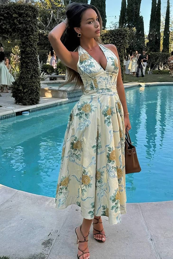 Robe Champêtre Longue Imprimée Florale Col Licou Dos Nu Midi Évasée Élégante
