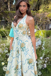 Robe Champêtre Longue Imprimée Florale Col Licou Dos Nu Midi Évasée Élégante