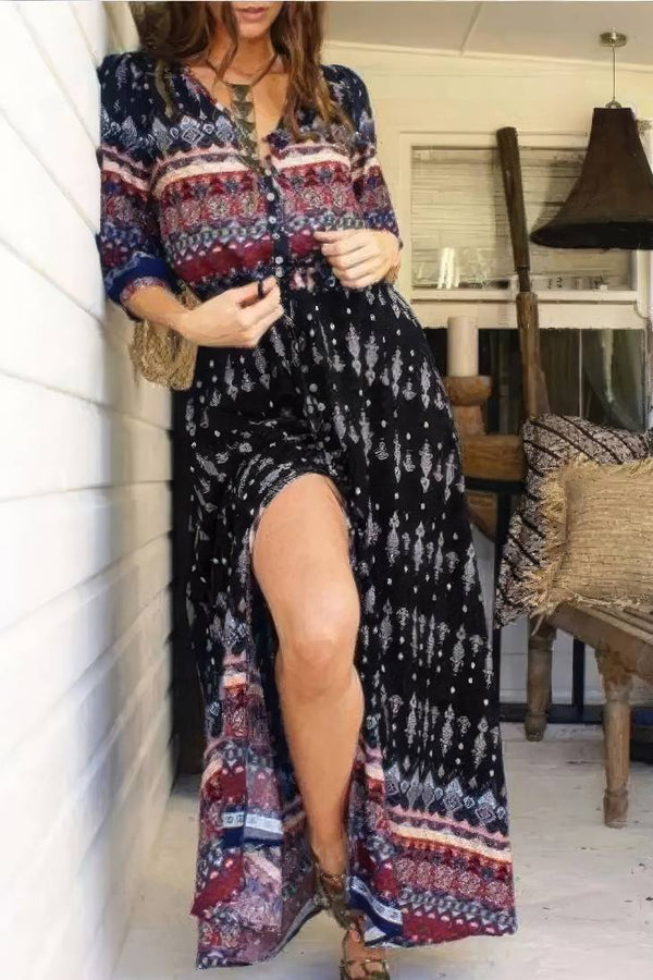 Robe Champêtre Longue Maxi Bohème Manches Longues Motifs Fleuris