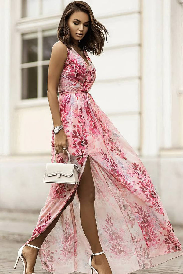 Robe Champêtre Longue Mousseline De Soie Imprimée Fleurs Sexy Col En V Dos Nu Fente Latérale
