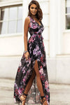 Robe Champêtre Longue Mousseline De Soie Imprimée Fleurs Sexy Col En V Dos Nu Fente Latérale