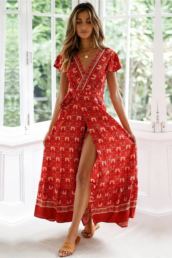 Robe Champêtre Longue Rouge Florale Cache-Cœur Col En V Style Bohème Fendue