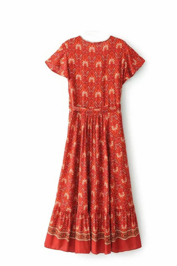 Robe Champêtre Longue Rouge Florale Cache-Cœur Col En V Style Bohème Fendue