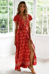 Robe Champêtre Longue Rouge Florale Cache-Cœur Col En V Style Bohème Fendue