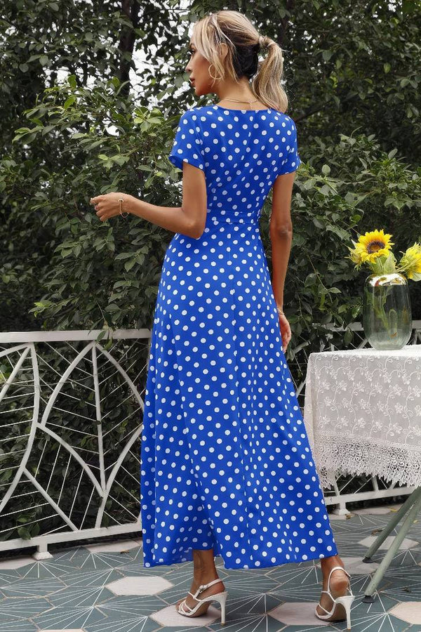 Robe Champêtre Maxi À Pois Col En V Manches Courtes Fendue Taille Ceinturée Été
