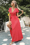 Robe Champêtre Maxi À Pois Col En V Manches Courtes Fendue Taille Ceinturée Été