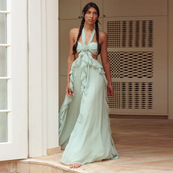 Robe Champêtre Maxi Ajourée Dos Nu Sans Manches À Lacets Soirée