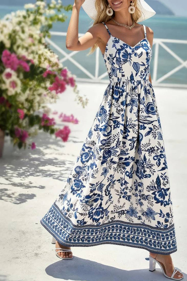 Robe Champêtre Maxi Bretelles Spaghetti Col Cœur Sans Manches Coupe Évasée Imprimé Bleu