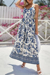 Robe Champêtre Maxi Bretelles Spaghetti Col Cœur Sans Manches Coupe Évasée Imprimé Bleu