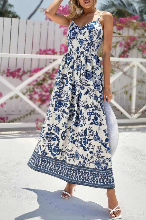 Robe Champêtre Maxi Bretelles Spaghetti Col Cœur Sans Manches Coupe Évasée Imprimé Bleu