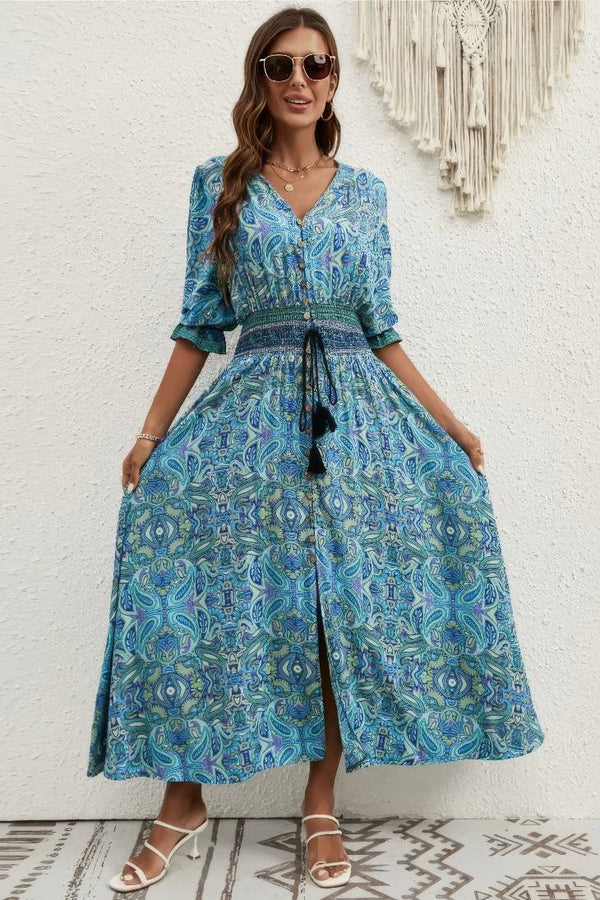 Robe Champêtre Maxi Col V Manches 3/4 Taille Ceinturée Coupe Portefeuille Ourlet Asymétrique Fendue