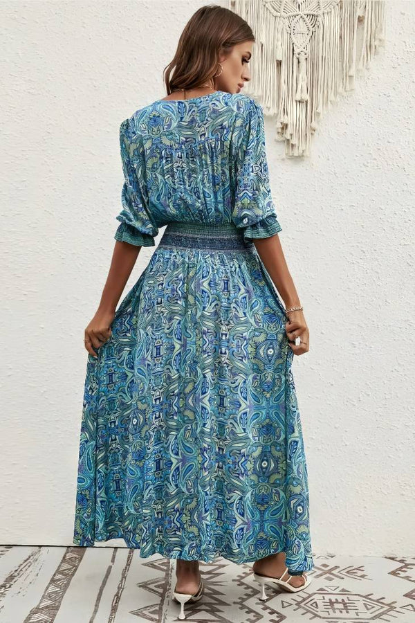Robe Champêtre Maxi Col V Manches 3/4 Taille Ceinturée Coupe Portefeuille Ourlet Asymétrique Fendue