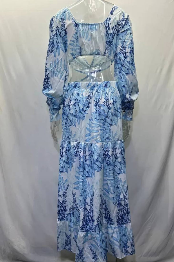 Robe Champêtre Maxi Col V Profond Manches Longues Taille Ajourée Coupe Évasée Volantée