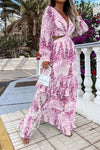Robe Champêtre Maxi Col V Profond Manches Longues Taille Ajourée Coupe Évasée Volantée