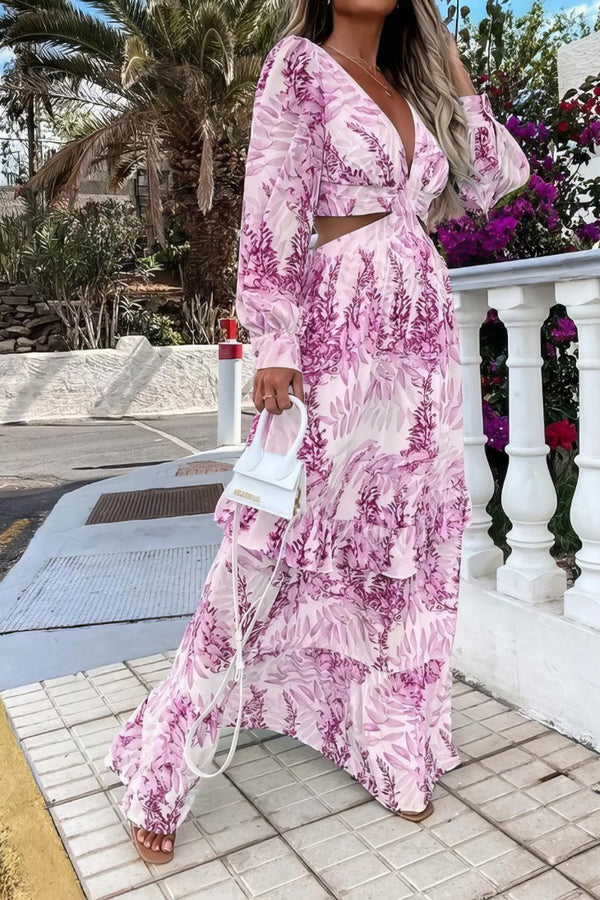 Robe Champêtre Maxi Col V Profond Manches Longues Taille Ajourée Coupe Évasée Volantée