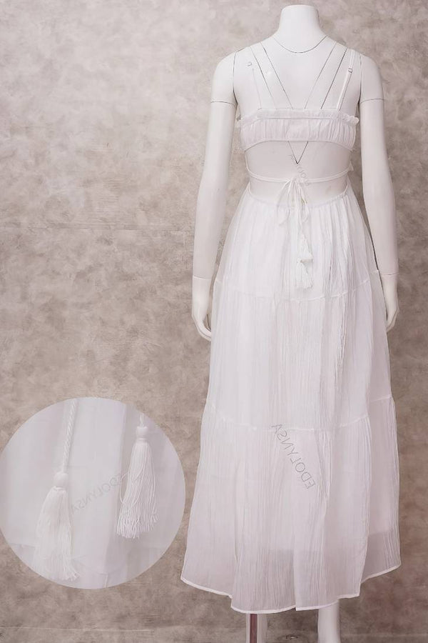 Robe Champêtre Maxi Dos Nu Col Droit Bretelles Spaghetti Taille Empire Fluide Bohème Été Élégante