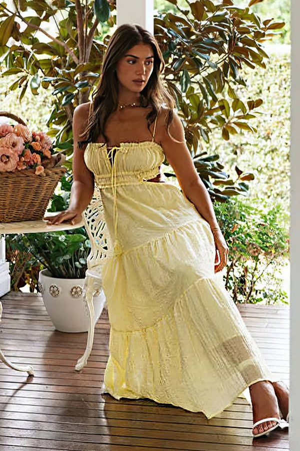 Robe Champêtre Maxi Dos Nu Col Droit Bretelles Spaghetti Taille Empire Fluide Bohème Été Élégante