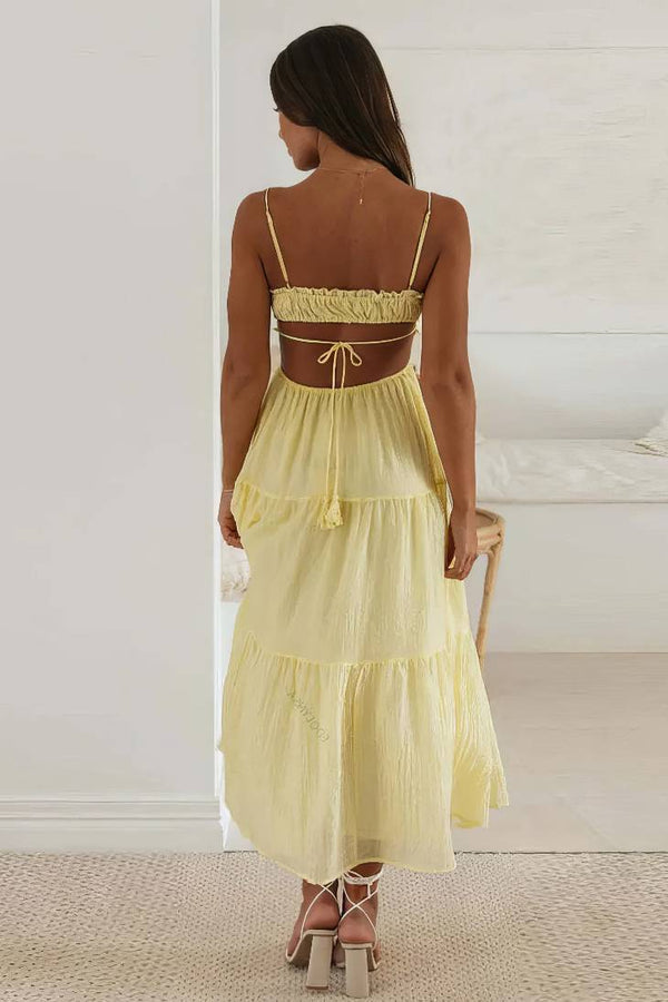 Robe Champêtre Maxi Dos Nu Col Droit Bretelles Spaghetti Taille Empire Fluide Bohème Été Élégante