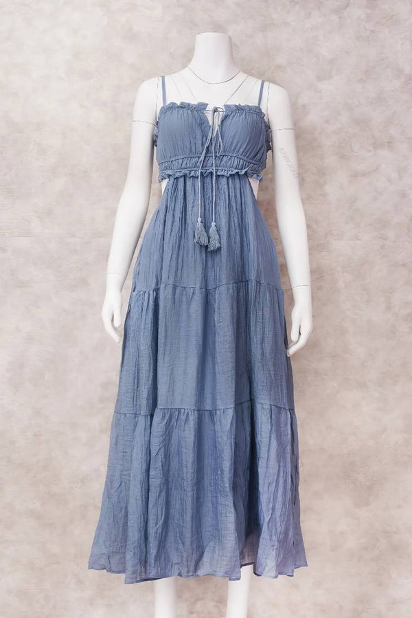 Robe Champêtre Maxi Dos Nu Col Droit Bretelles Spaghetti Taille Empire Fluide Bohème Été Élégante